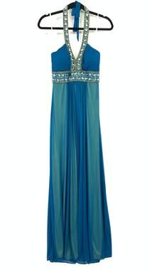Xscape BY Joanna Chen Maxi Dress Womens Size 6 Haleter Beaded Neckline Blue